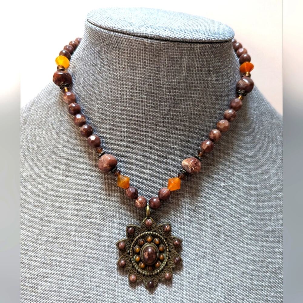 Artisan Bohemian Faux Stone Agate Ornate Sunburst Pendant Statement Necklace